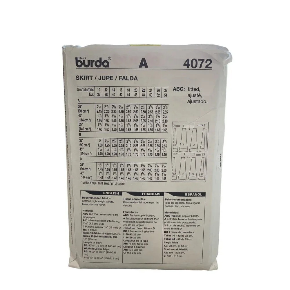 Burda‎ Sewing Pattern 4072 Skirt Rock Jupe Falda Misses Size 10-28